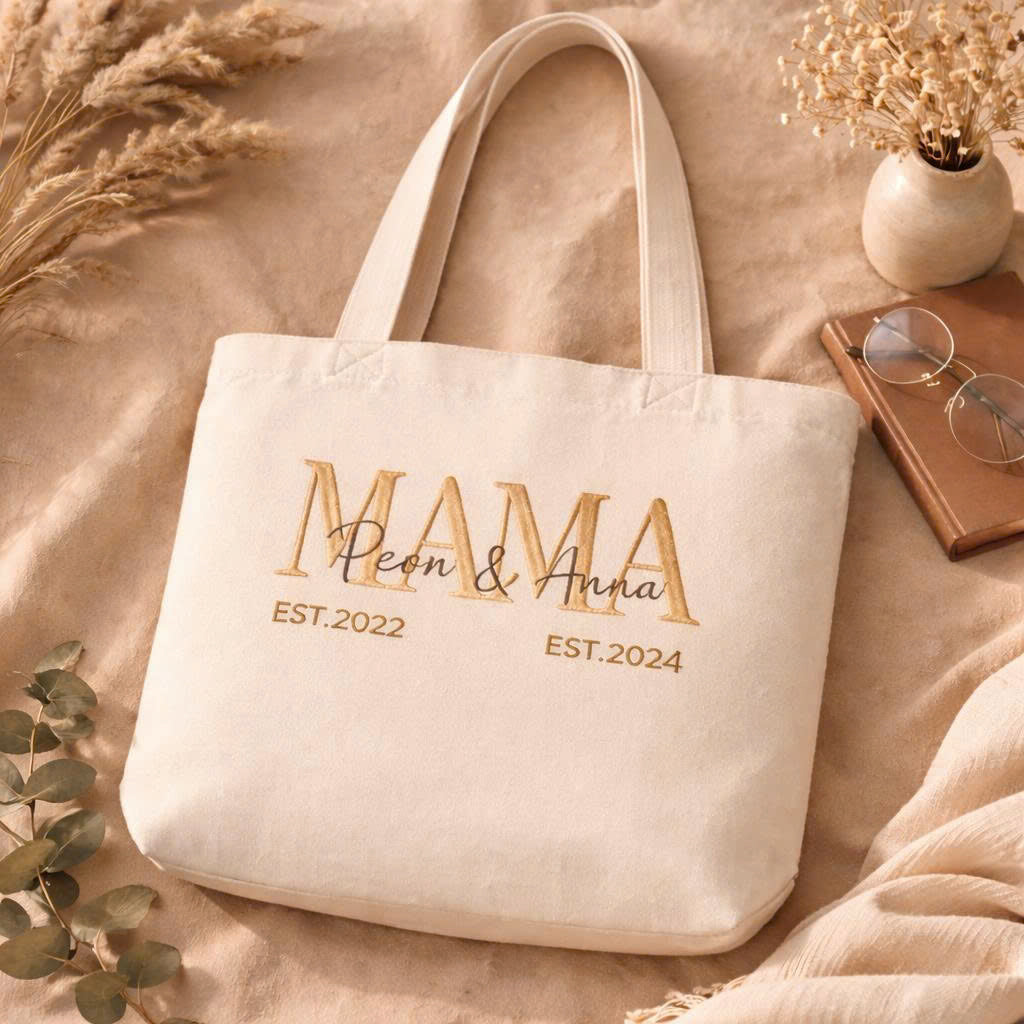 Personalized Mom & Kids Est Mother's Day Embroidered Tote Bag - Vintage Striped Beach Tote