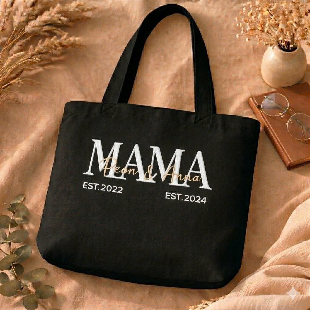 Personalized Mom & Kids Est Mother's Day Embroidered Tote Bag - Vintage Striped Beach Tote