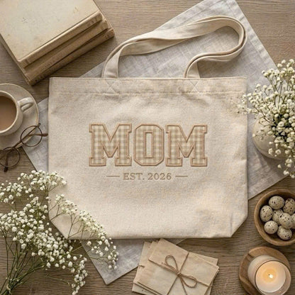 Personalized Mom Est Mother's Day Embroidered Tote Bag - Vintage Striped Beach Tote