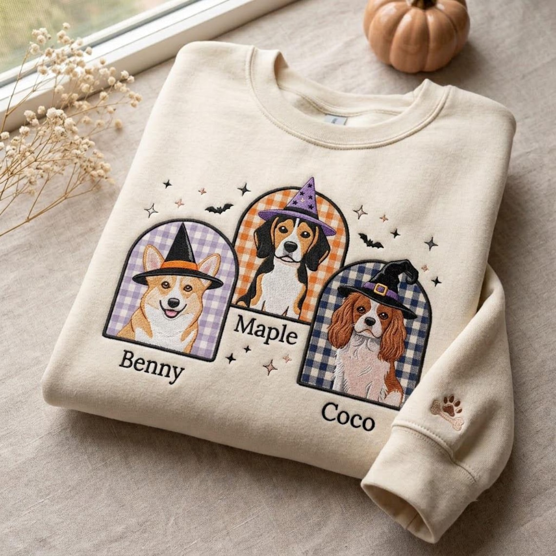 Halloween Embroidered Custom Pet Portrait Sweatshirt, Dog Photo Applique Shirt