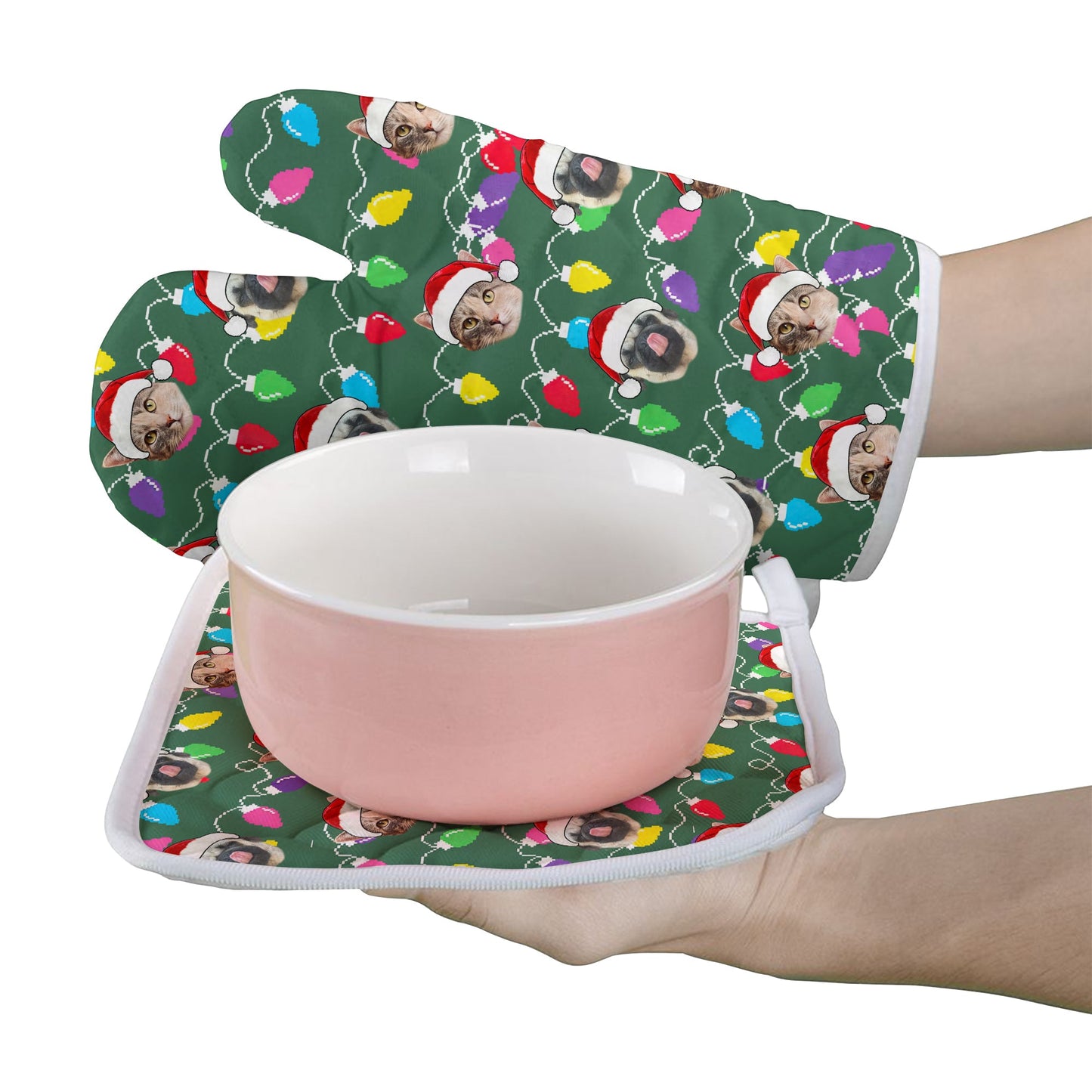 Personalized Pet Dog Cat Christmas Light Apron Oven mitt And Pot Holder Set