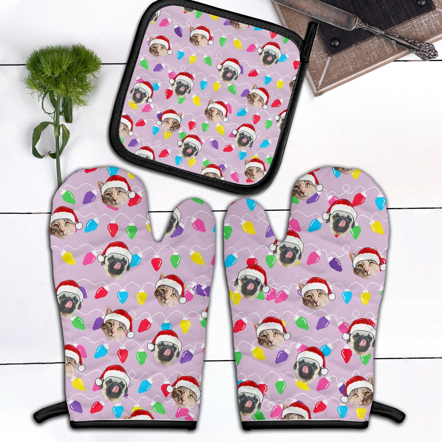 Personalized Pet Dog Cat Christmas Light Apron Oven mitt And Pot Holder Set