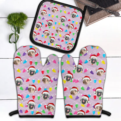 Personalized Pet Dog Cat Christmas Light Apron Oven mitt And Pot Holder Set