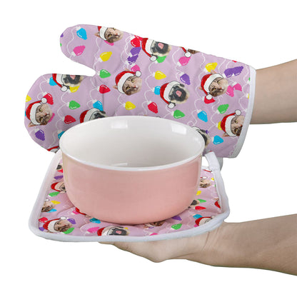 Personalized Pet Dog Cat Christmas Light Apron Oven mitt And Pot Holder Set