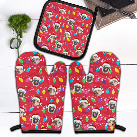 Personalized Pet Dog Cat Christmas Light Apron Oven mitt And Pot Holder Set