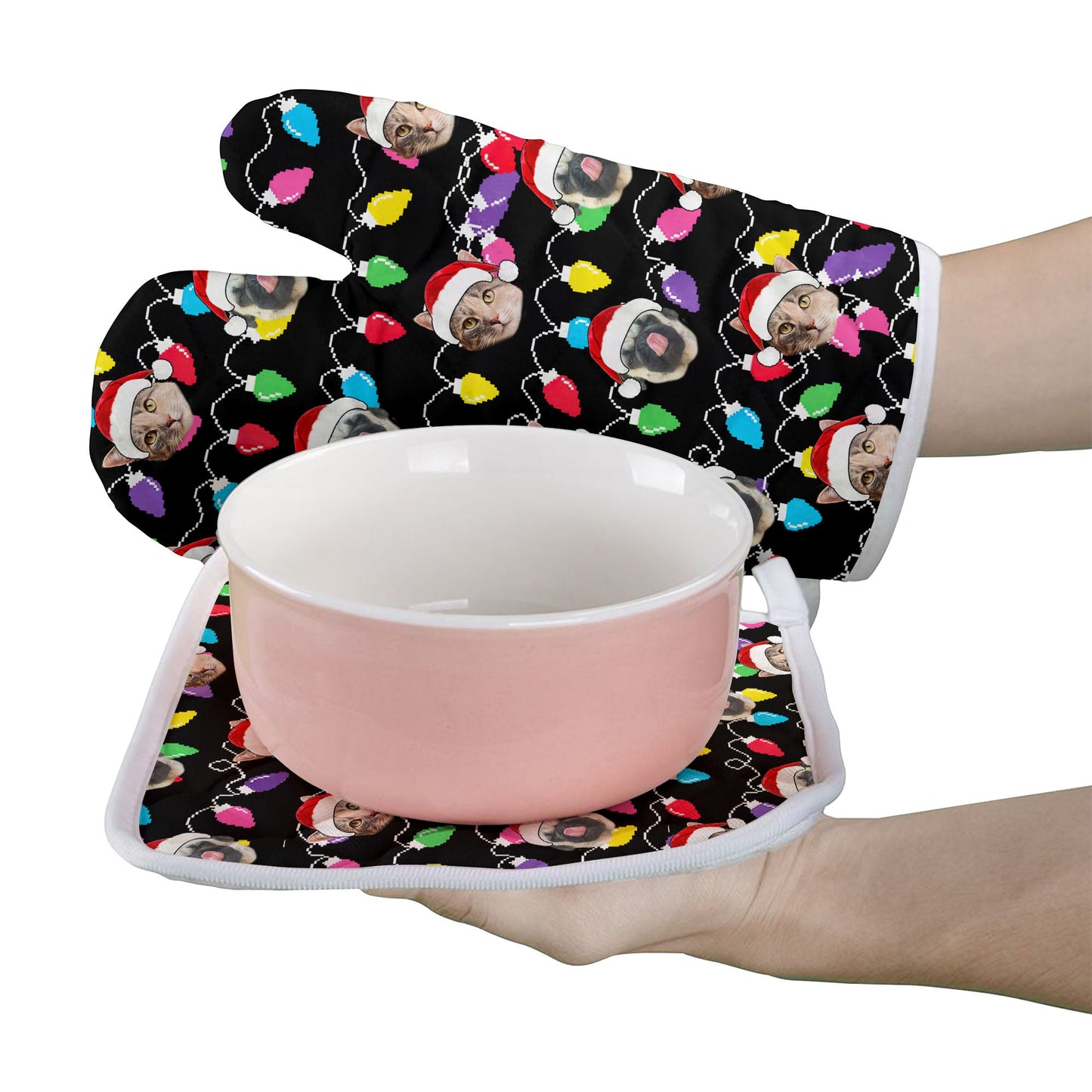 Personalized Pet Dog Cat Christmas Light Apron Oven mitt And Pot Holder Set