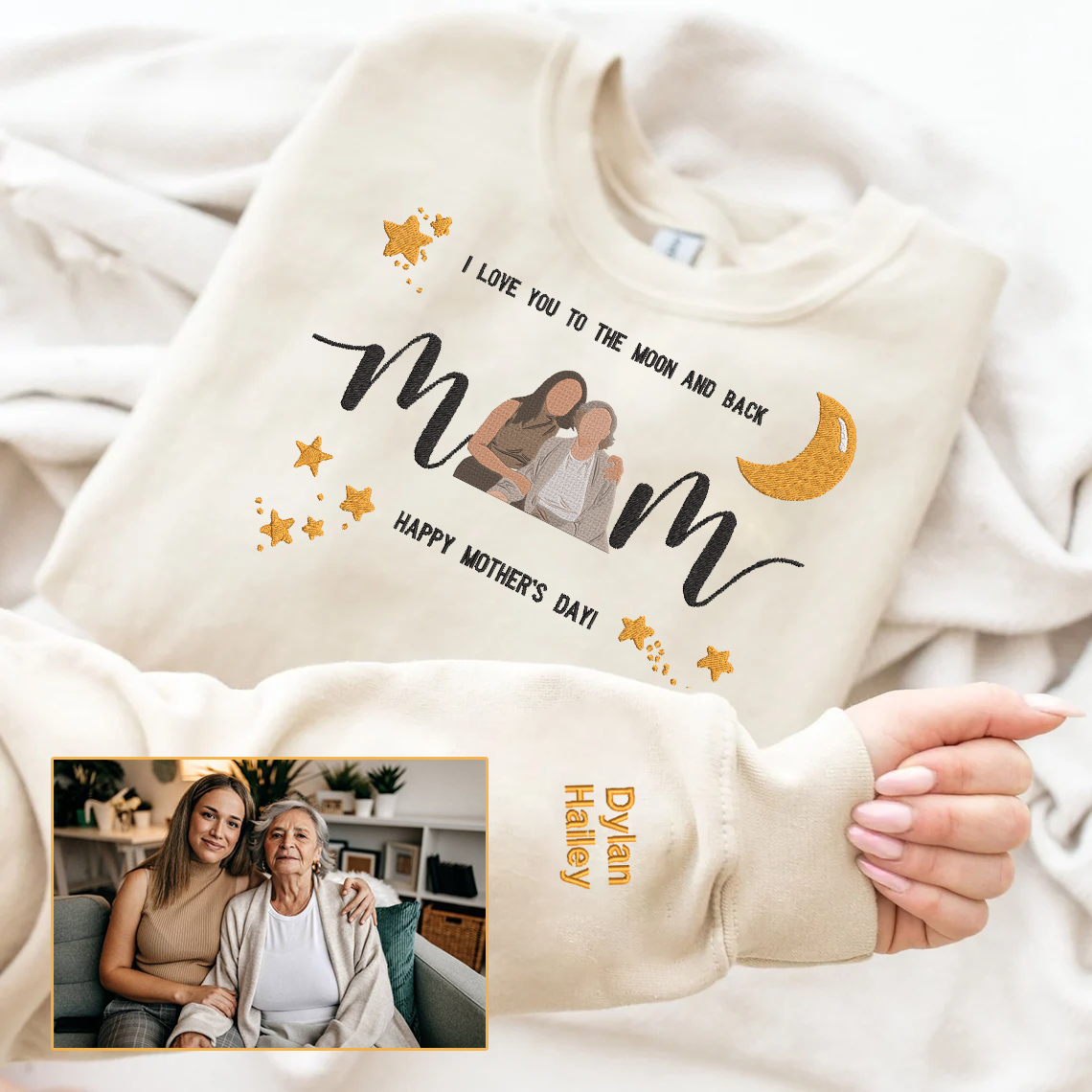 Mother's Day Personalized Embroidered I Love You To The Moon And Back Hoodie Sweatshirt T-Shirt