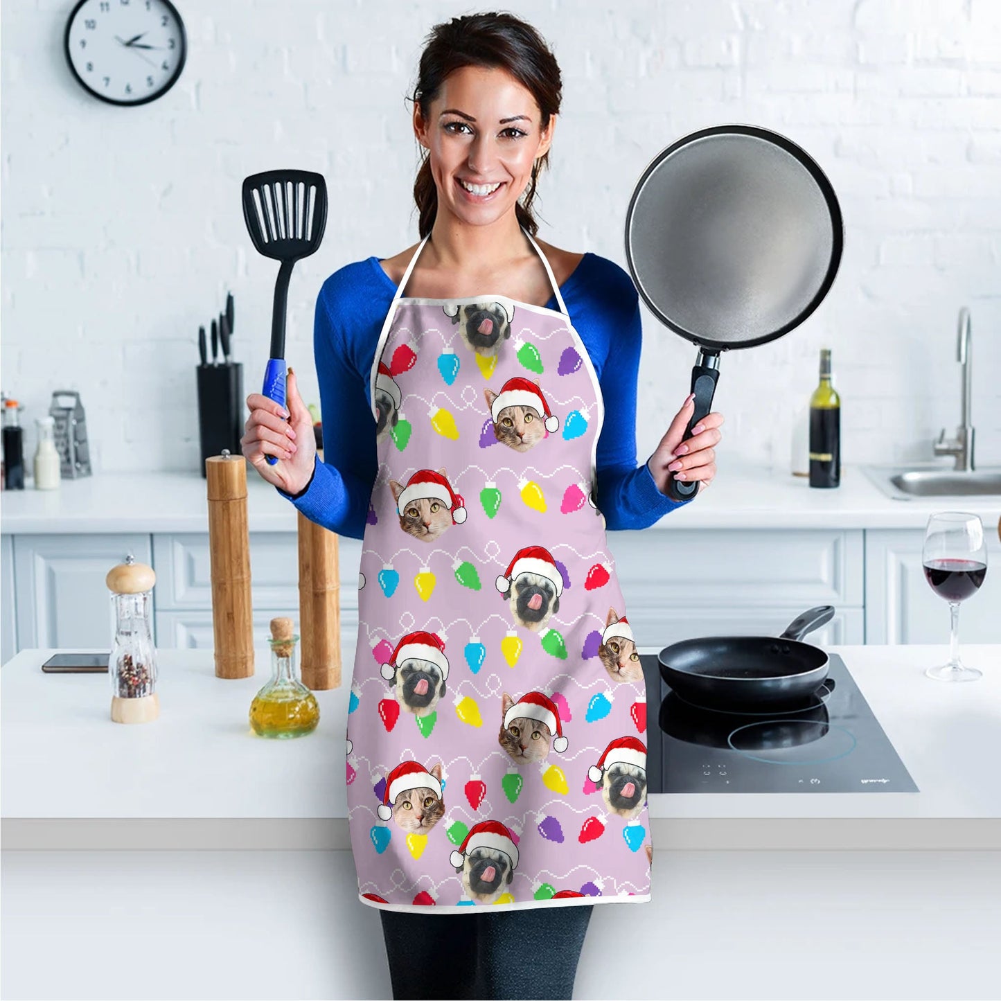 Personalized Pet Dog Cat Christmas Light Apron Oven mitt And Pot Holder Set