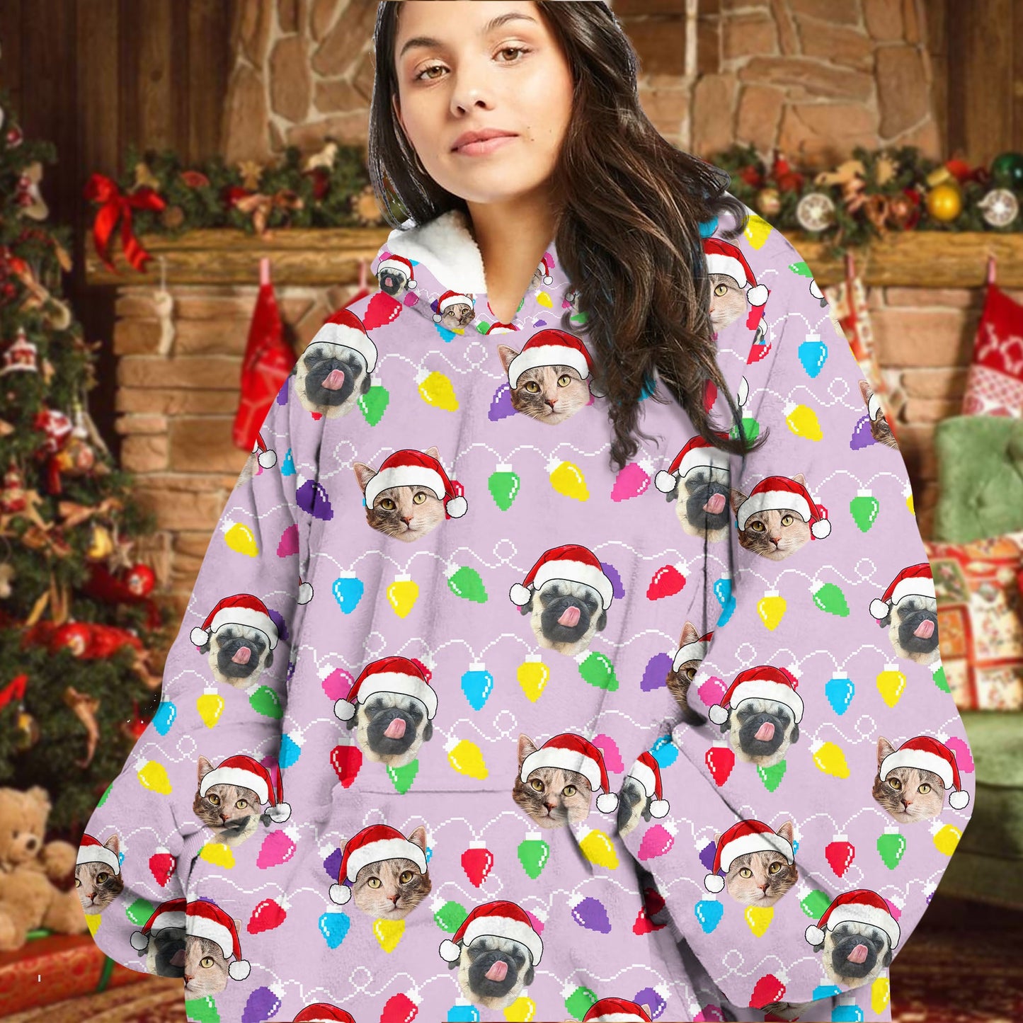 Personalized Pet Dog Cat Christmas Light Oodie Blanket Hoodie