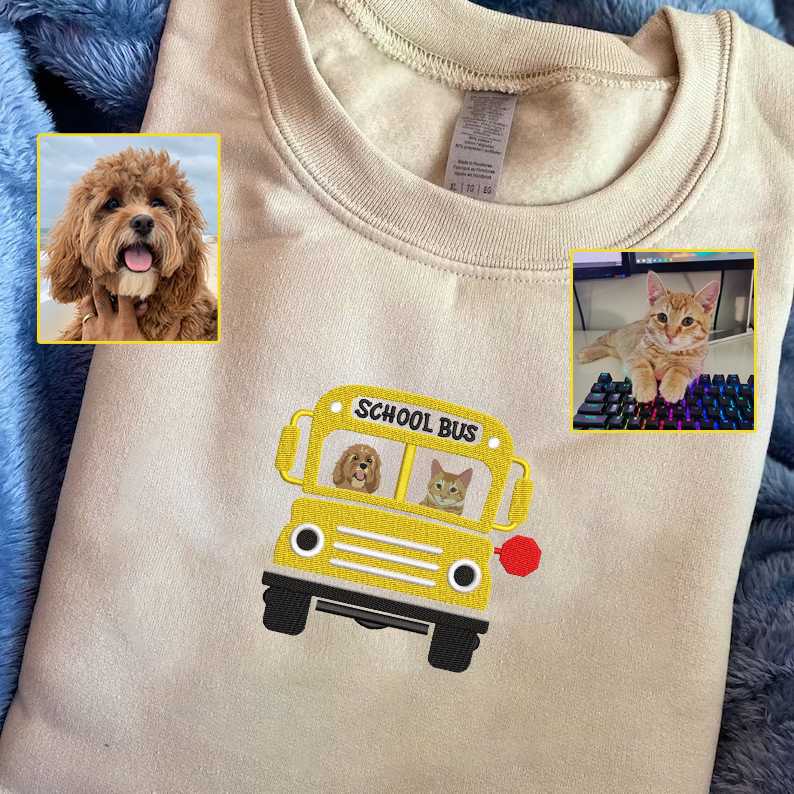 Personalized Embroidered Pet Dog Cat School Bus Hoodie Sweatshirt T-Shirt